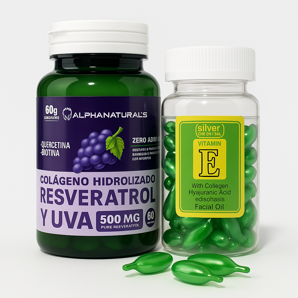 Combo Resveratrol 500mg x 60 Cápsulas y Perlas Vitamina E 60 x Unidades