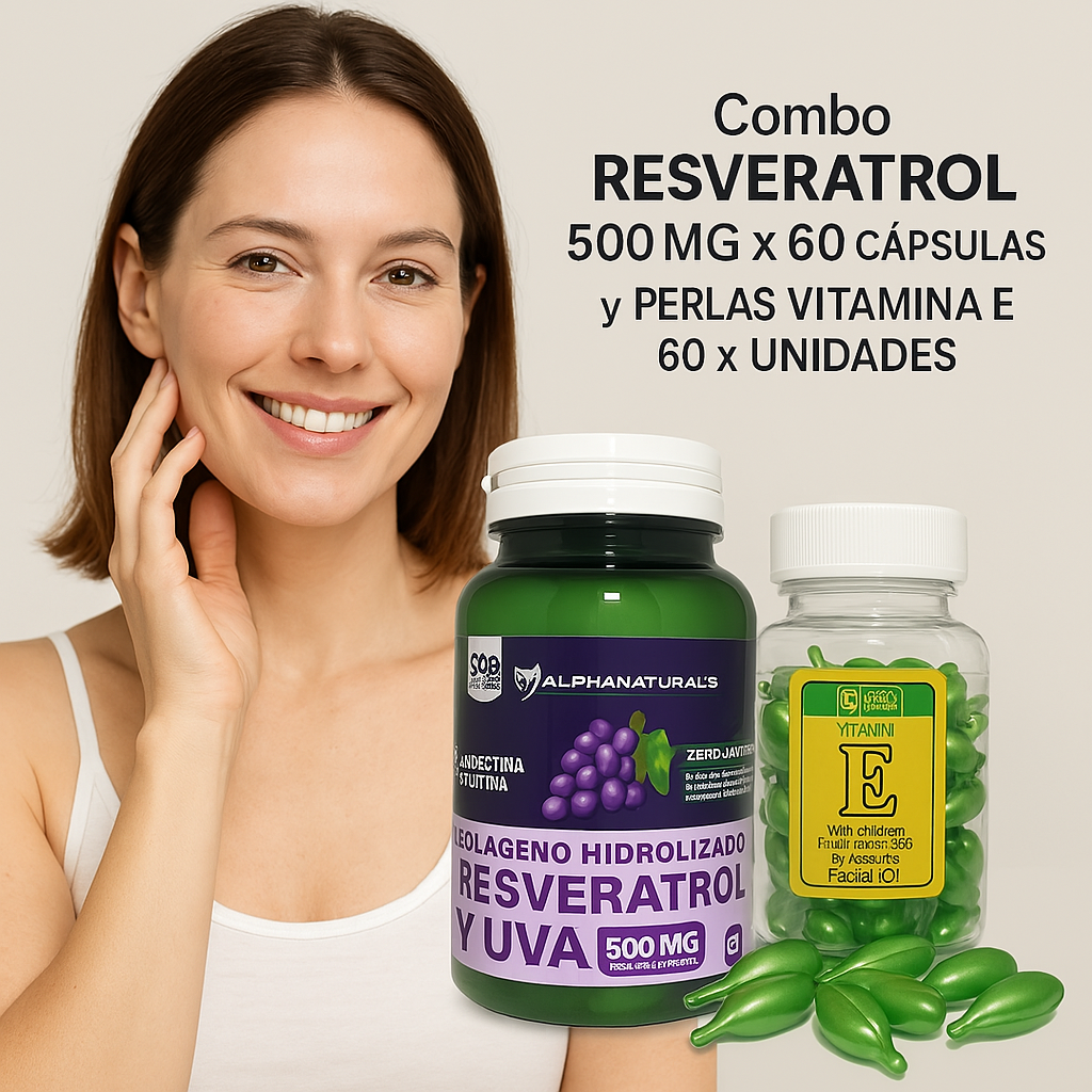 Combo Resveratrol 500mg x 60 Cápsulas y Perlas Vitamina E 60 x Unidades