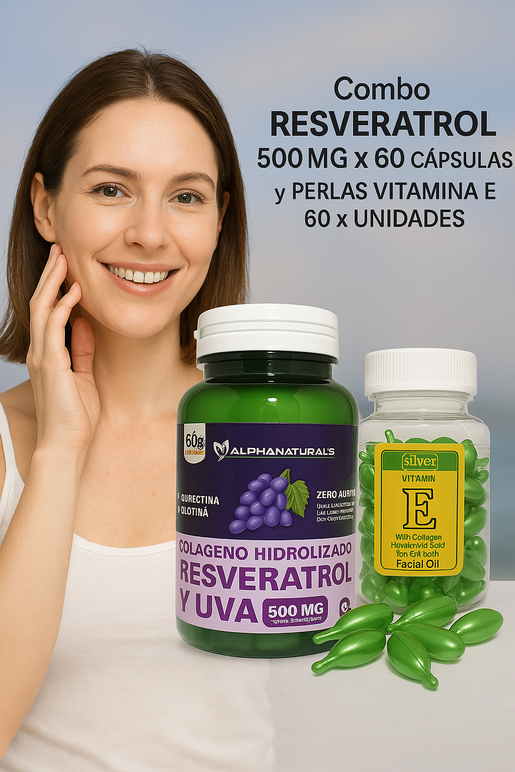 Combo Resveratrol 500mg x 60 Cápsulas y Perlas Vitamina E 60 x Unidades