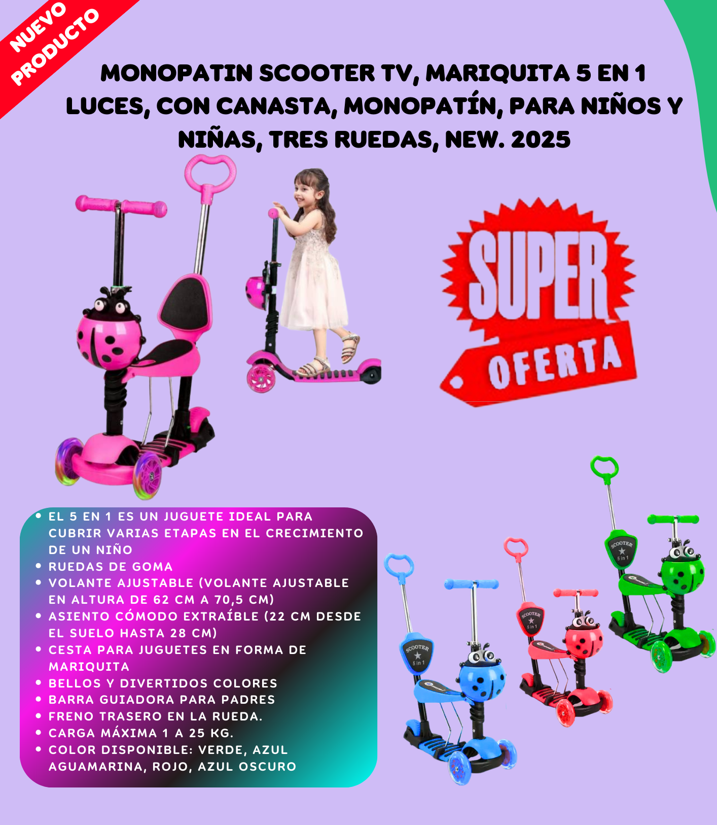 Monopatín 5 en 1 Scooter Mariquita Colores