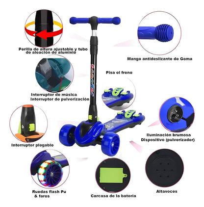 Patineta Scooter TV Lanza Humo, Luces y Sonido Musical Tres Ruedas
