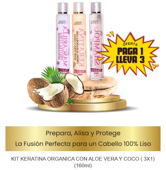 Keratina Orgánica con Coco y Aloe Vera - Kit de 3 Pasos (160ml)