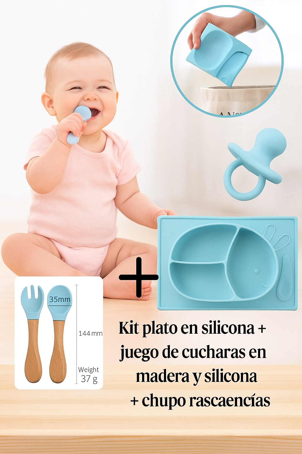 Kit Plato Conejo en Silicona + Cucharas + Chupo de Fruta Rascaencías