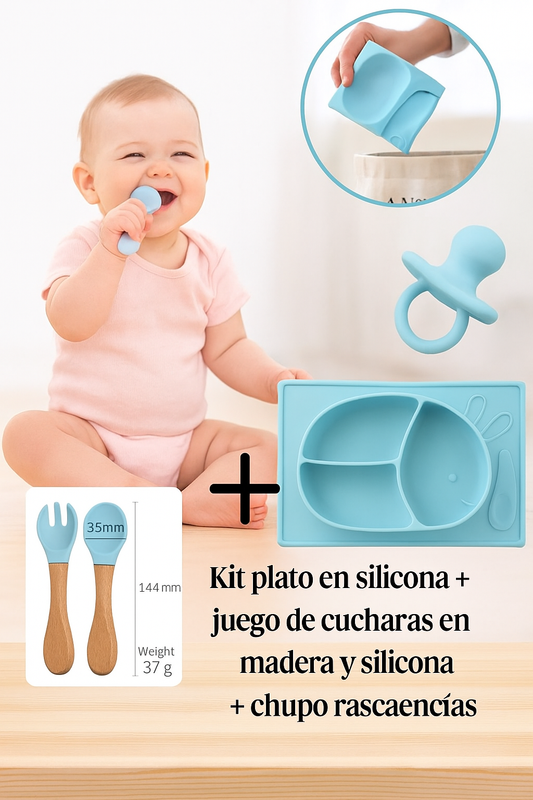 Kit Plato Conejo en Silicona + Cucharas + Chupo de Fruta Rascaencías
